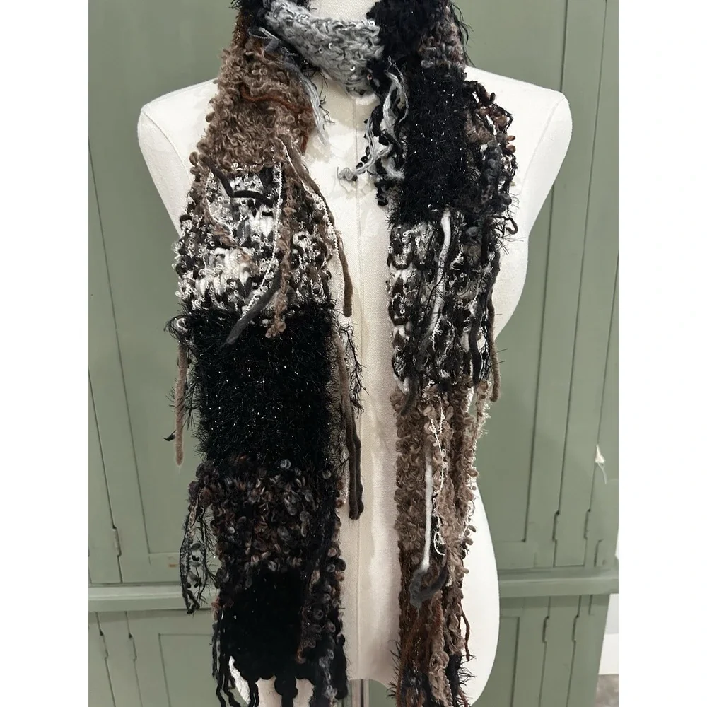 Brown Black Patchwork Scarf Wrap Extra Long Boho Fairy Grunge Whimsigoth Witchy